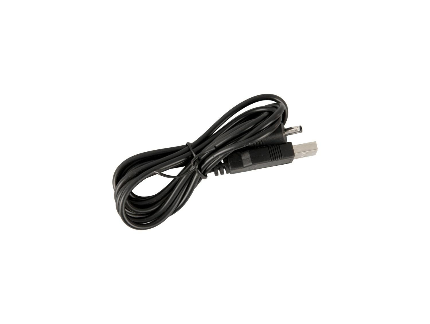 Schwarzes USB-Kabel mit rundem Stecker, auf weißem Hintergrund.