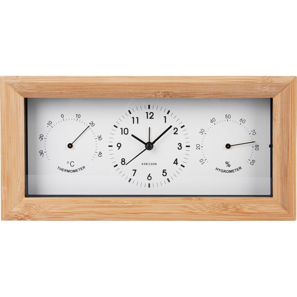 Cadre en bois avec horloge, thermomètre et hygromètre. Heure 10:10.
