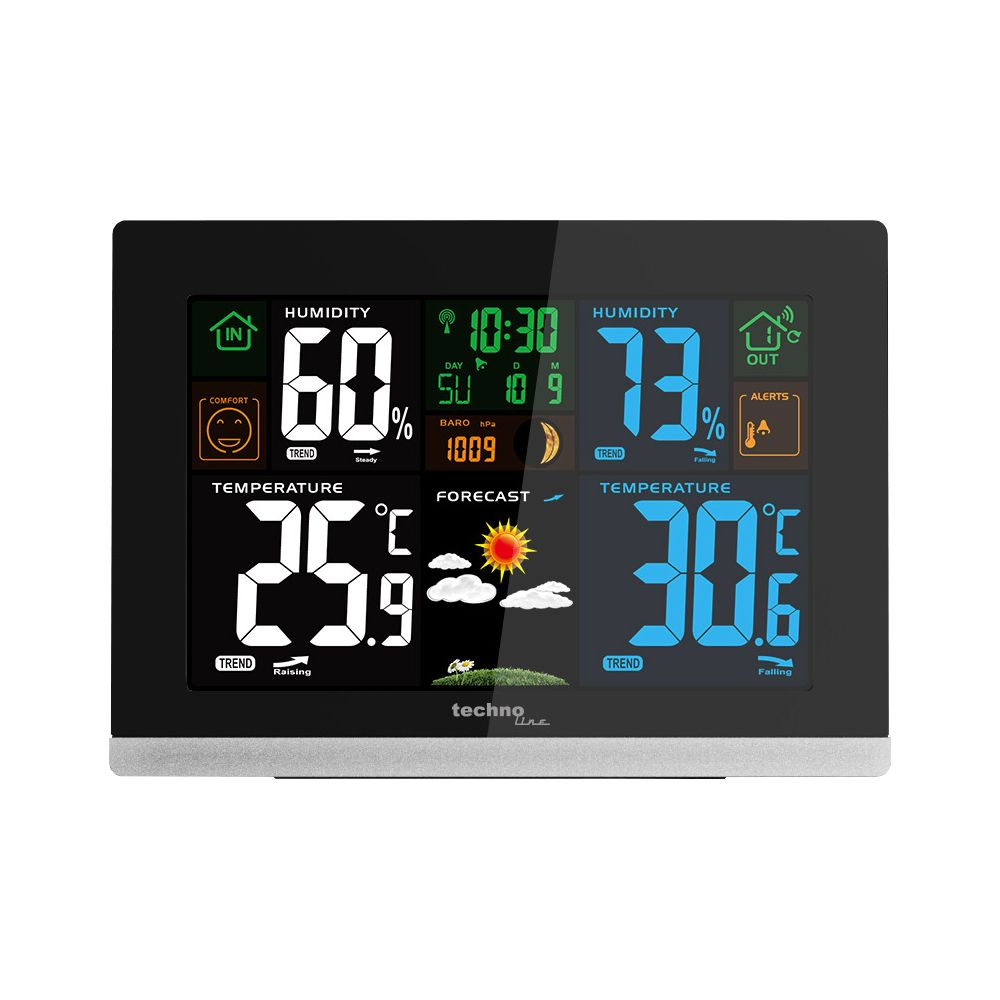 Display digitale stazione meteo con temperatura interna/esterna, umidità e previsioni.