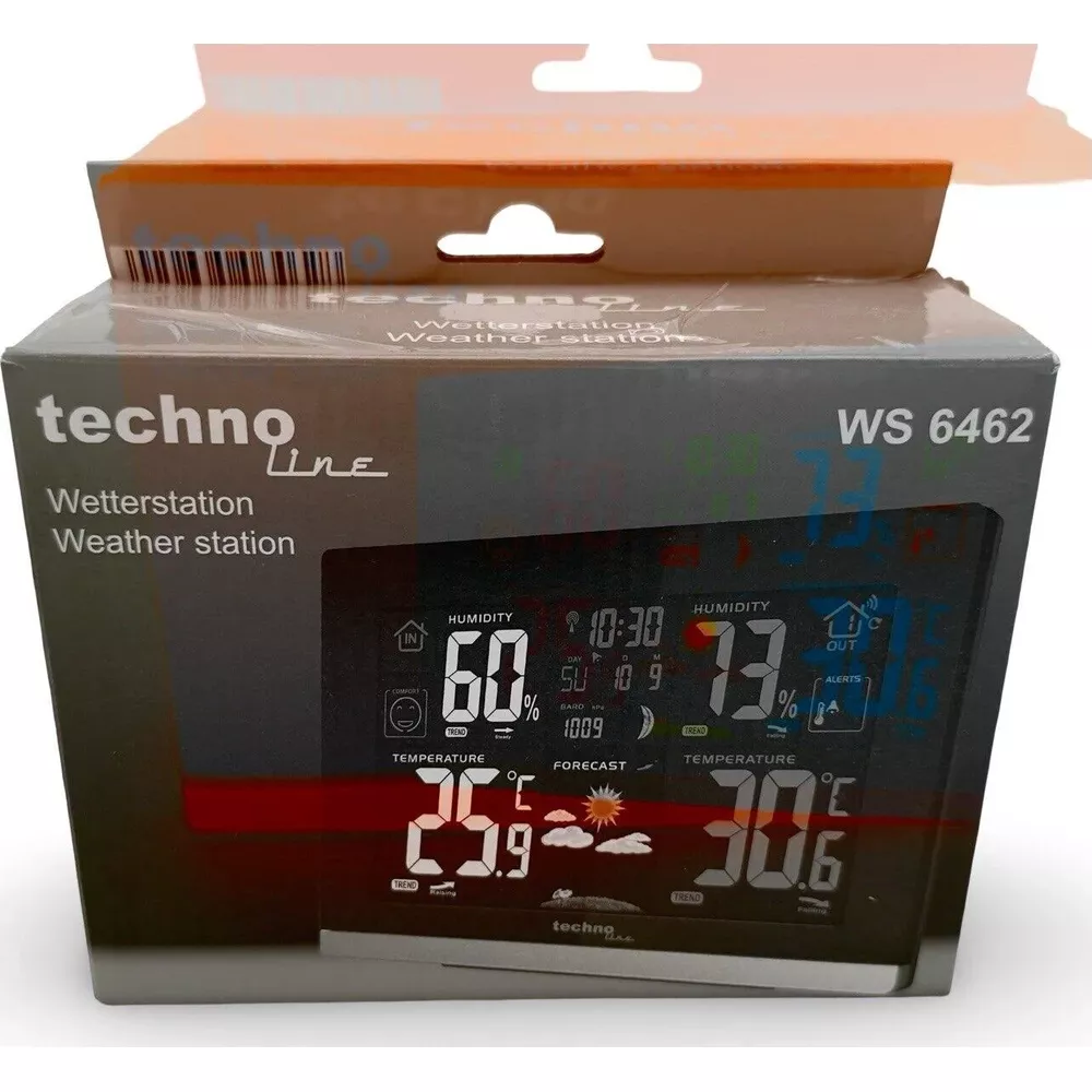 Stazione meteo Techno Line WS 6462 mostra 60% umidità, 25.9°C, 73% umidità, 30.6°C.