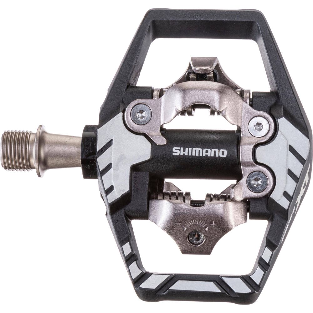 Schwarzer Shimano Fahrradpedal mit silbernen Akzenten und Gewindeanschluss.