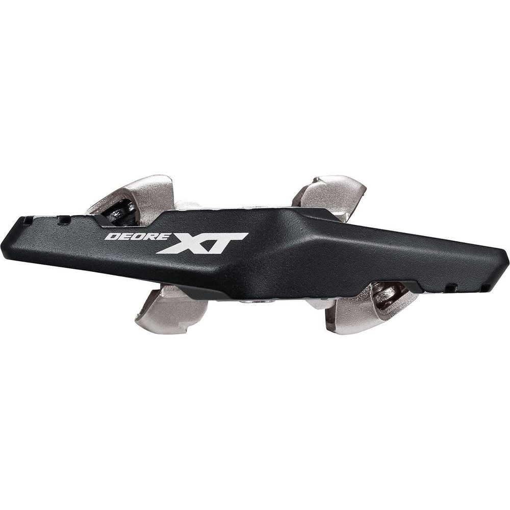 Schwarzer Shimano Deore XT Fahrradpedal mit silbernen Klickmechanismen.