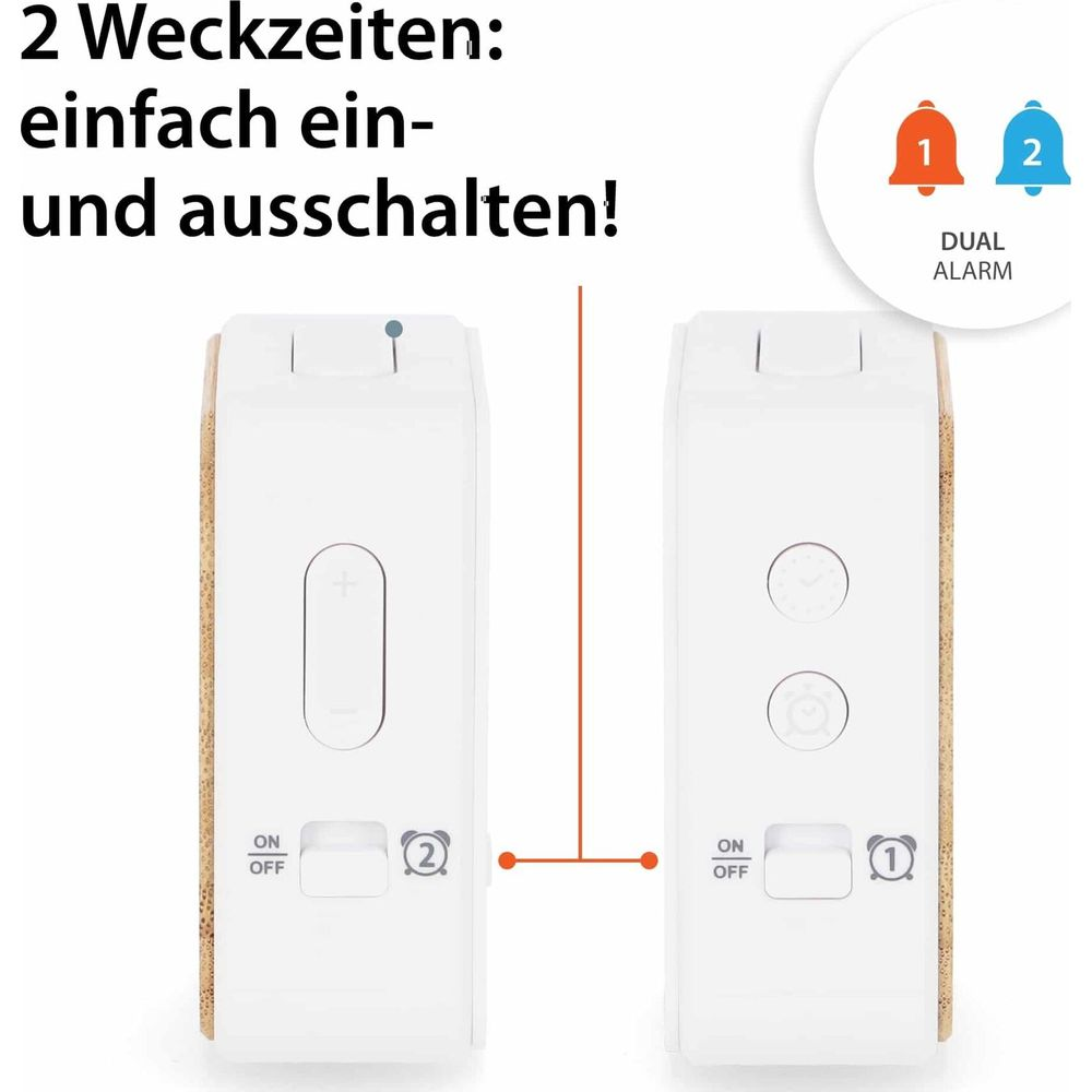 Zwei Wecker mit Ein/Aus-Schalter und Dual-Alarm-Symbolen auf weißem Grund.