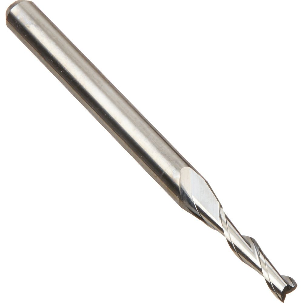 Ein einzelner metallischer Fräser mit zwei Schneiden, auf weißem Hintergrund.
