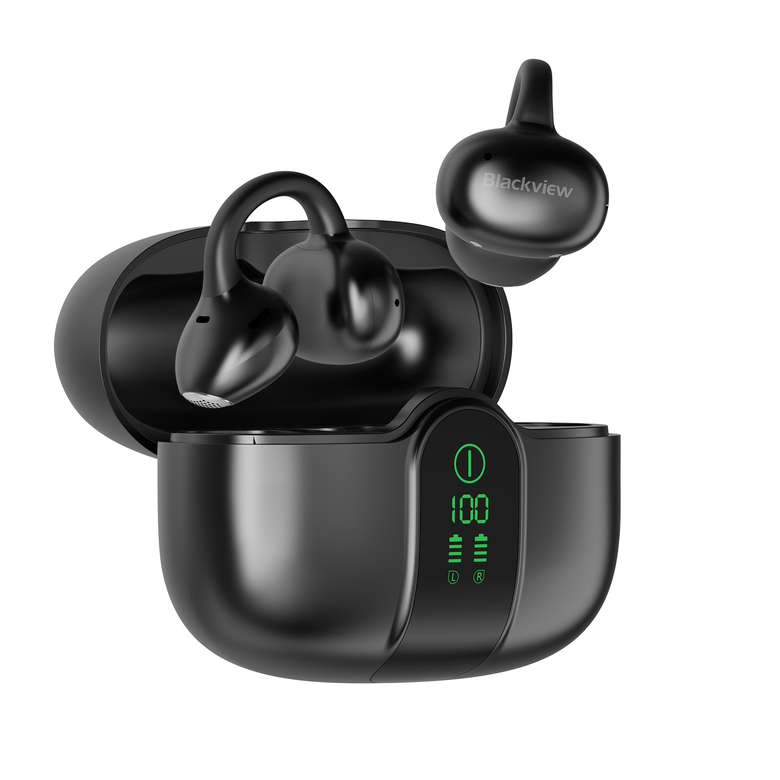 Auriculares inalámbricos negros con estuche de carga y pantalla digital.
