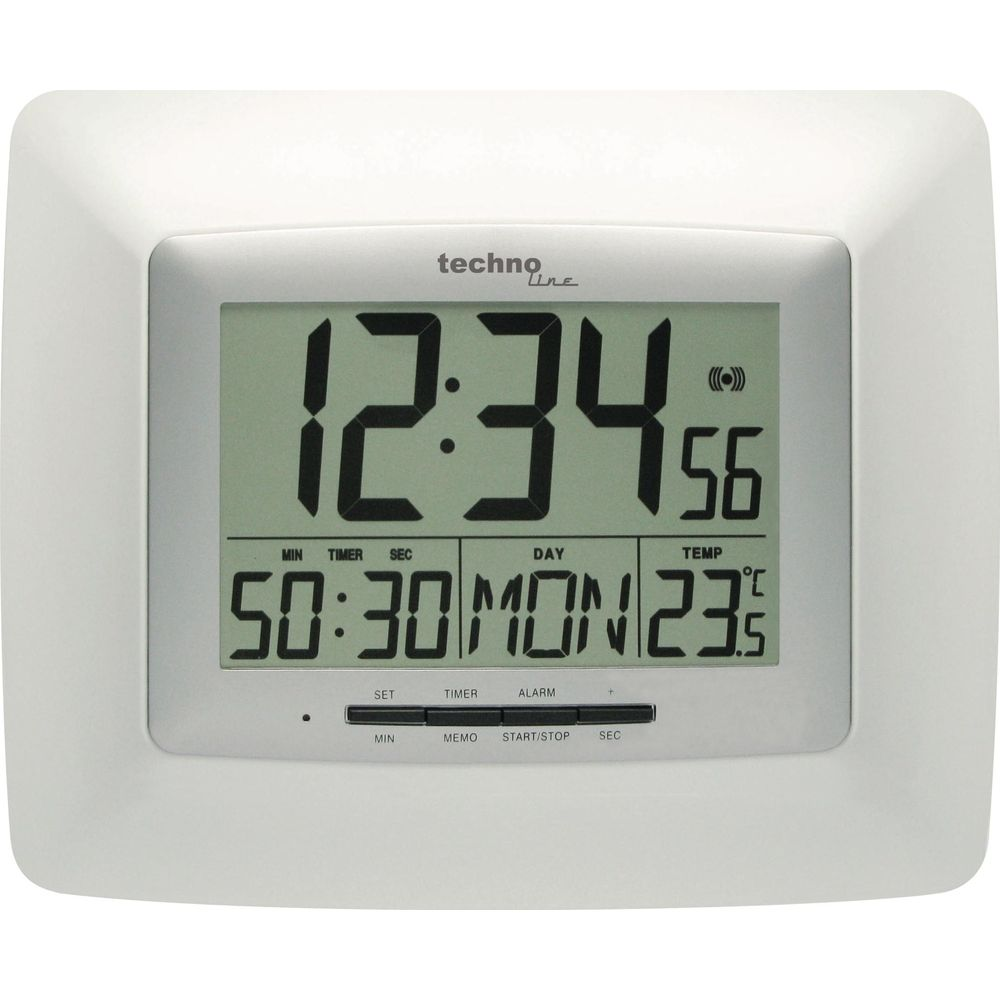 Digitaluhr zeigt 12:34, 56, 50:30, Mo., 23.5°C. Tasten unten.