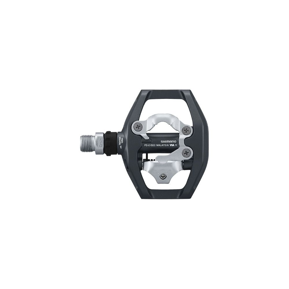 Schwarzer Shimano Fahrradpedal mit silbernen Klickmechanismus.
