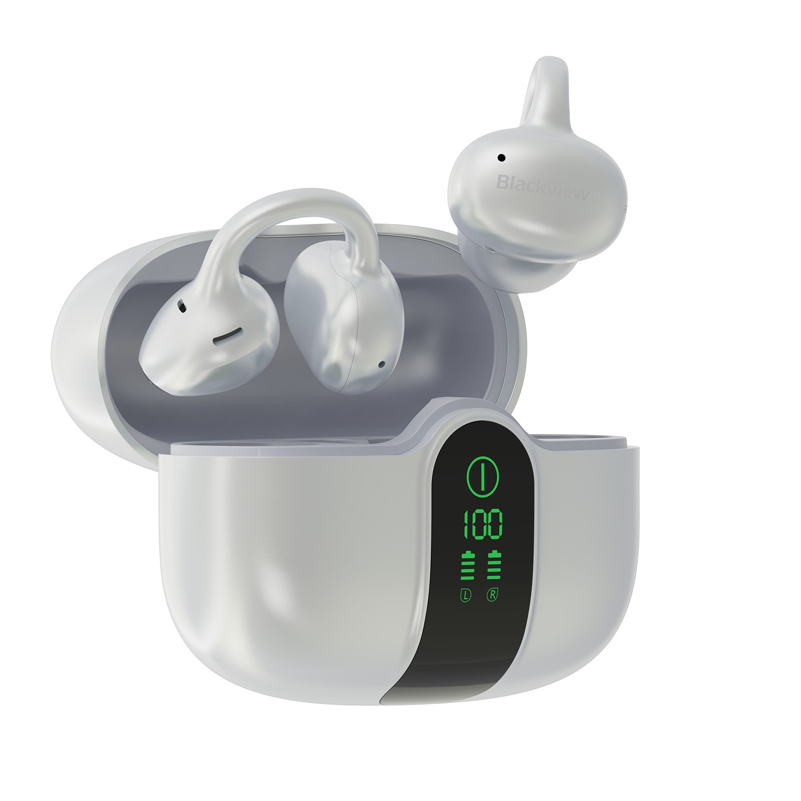 Auriculares inalámbricos blancos en estuche de carga abierto con pantalla digital.