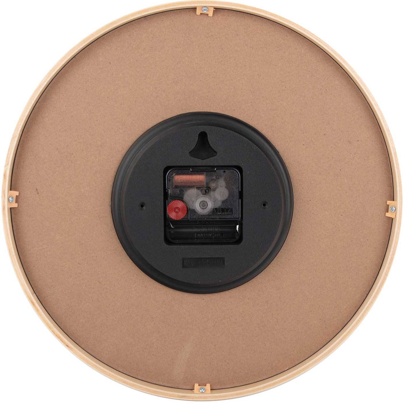 Retro di un orologio rotondo con cornice in legno e meccanismo nero.