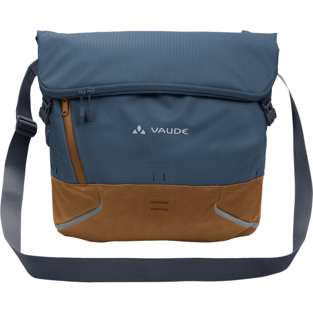 Sacoche bandoulière bleue Vaude avec base marron et détails réfléchissants.