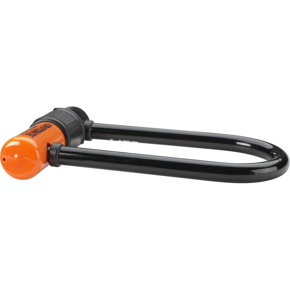 Ein schwarzer U-Bügel mit einem orangefarbenen Griffstück auf der linken Seite.