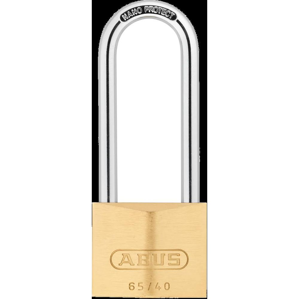 Ein goldener Vorhängeschloss mit silbernem Bügel und der Aufschrift ABUS.