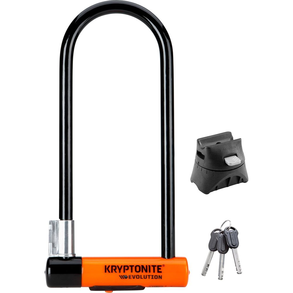 Ein orangefarbener Kryptonite U-Bügel, Fahrradschloss mit drei Schlüsseln und Halterung.
