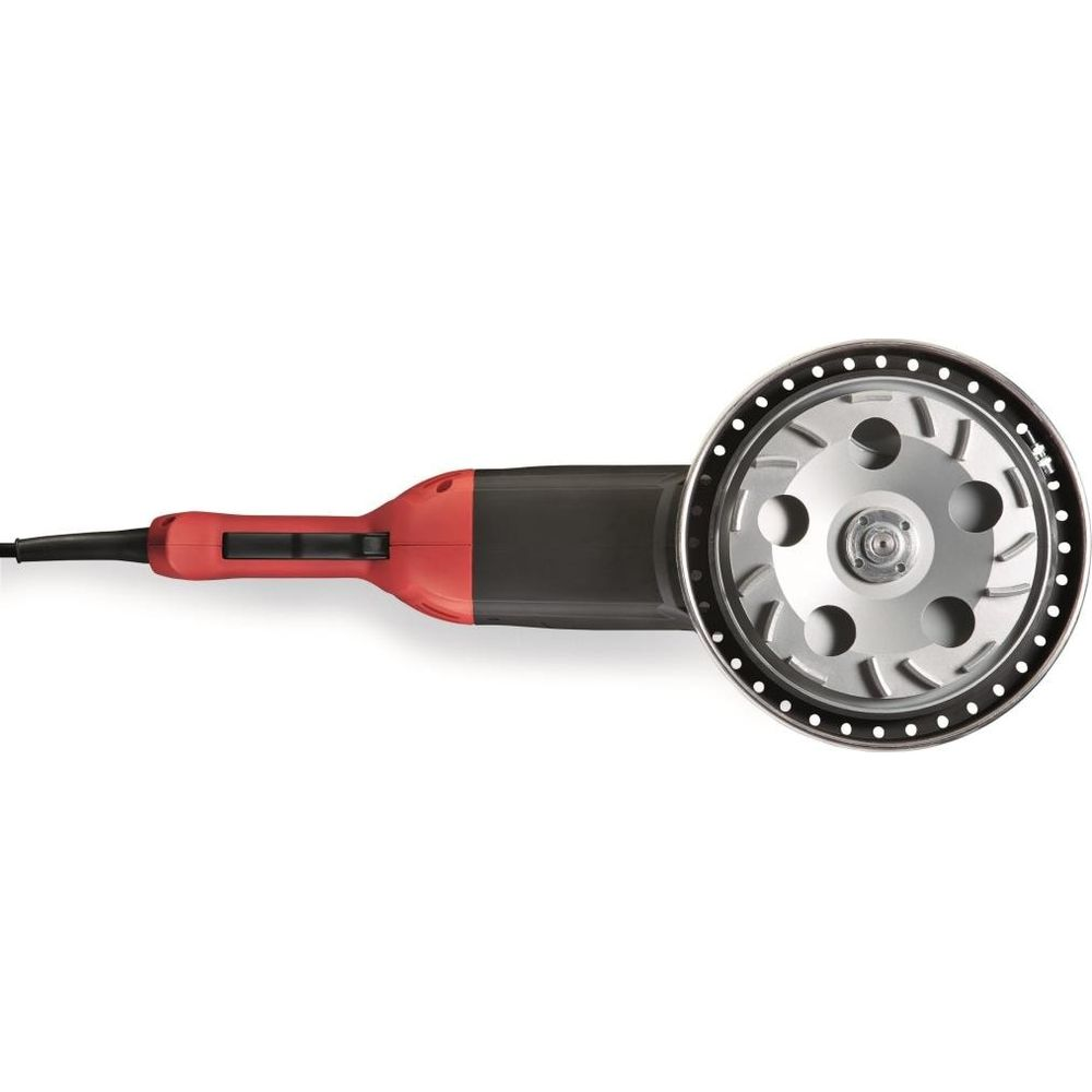 Meuleuse d'angle rouge et noire avec disque métallique et trous de perçage.