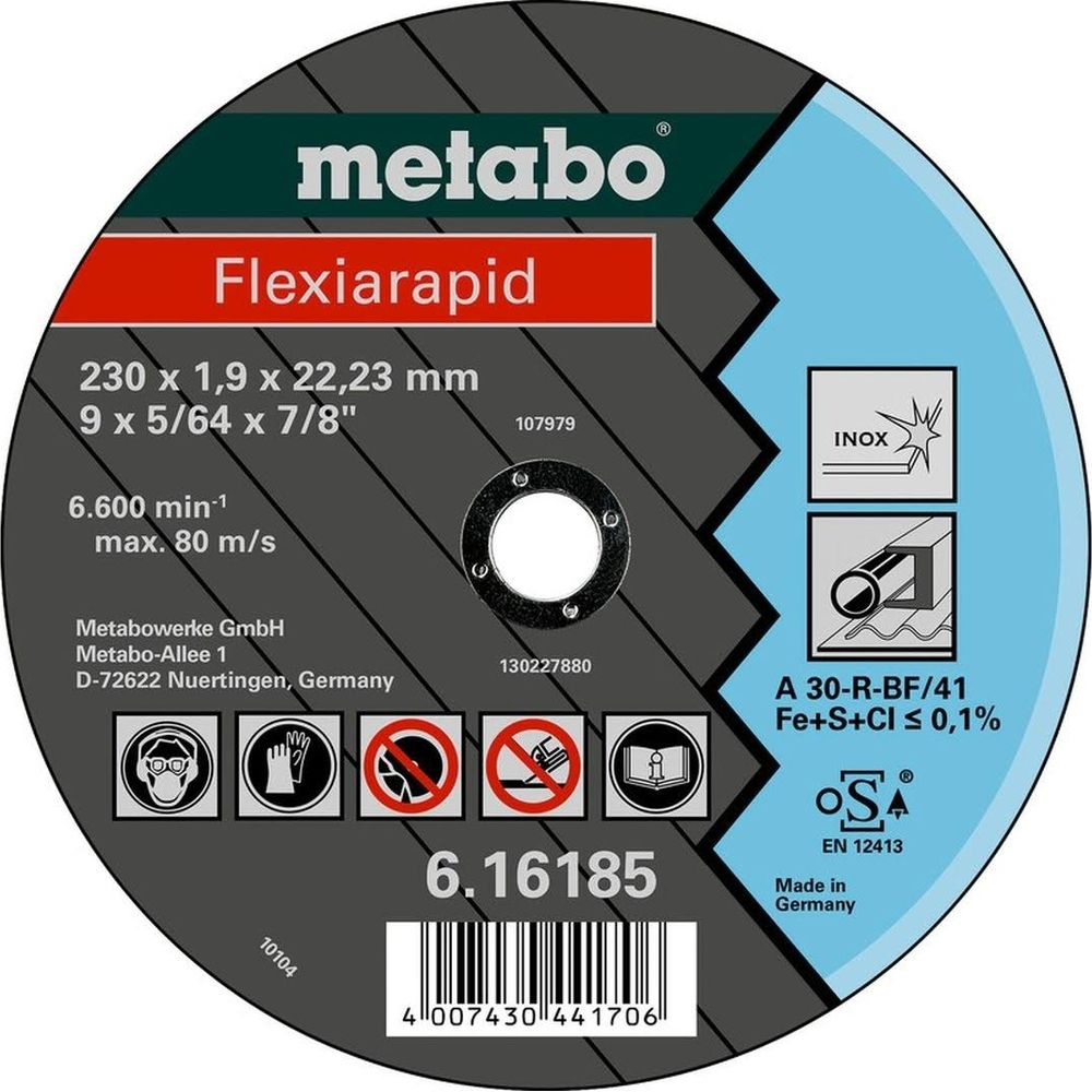 Disque de coupe Metabo Flexiarapid : 230mm, 1.9mm épaisseur, alésage 22.23mm. Max 80m/s.