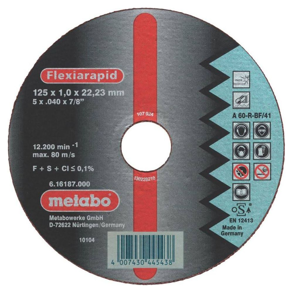 Disque abrasif avec marquages, logo Metabo et données techniques.
