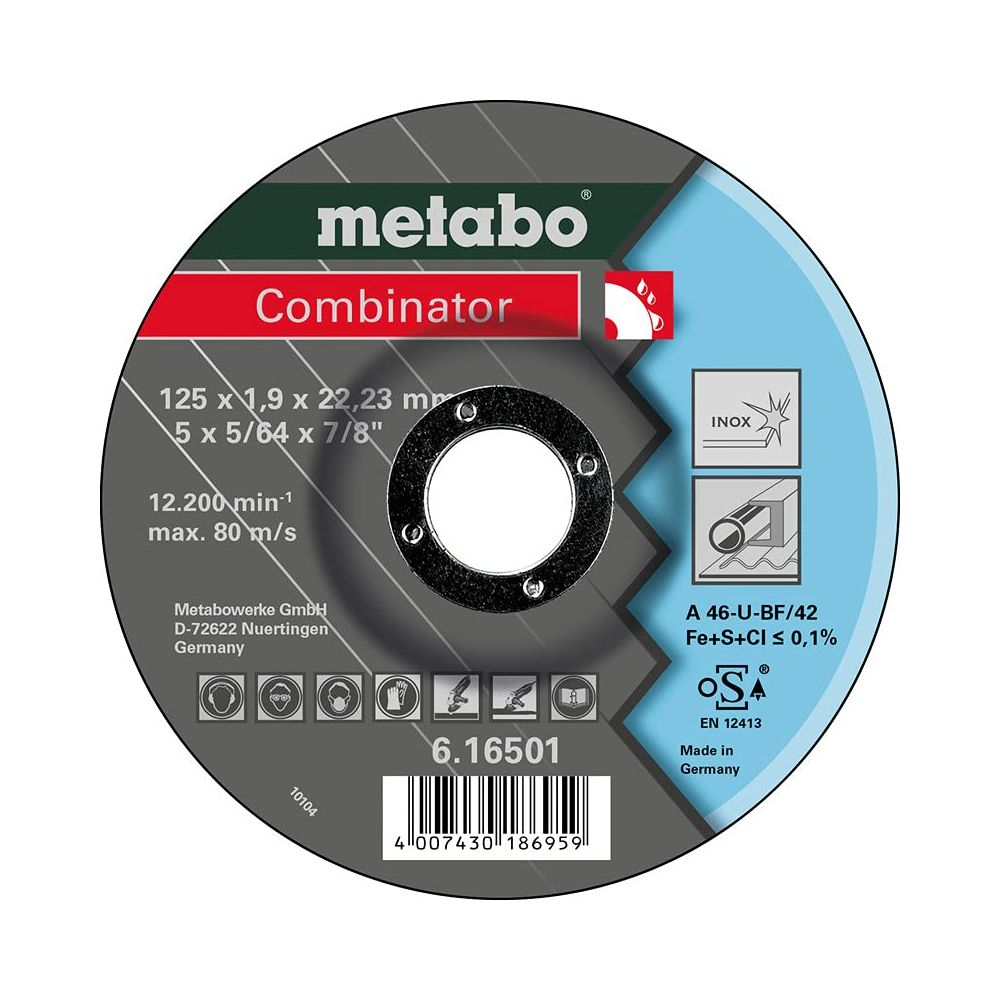 Disque de coupe Metabo Combinator, 125mm, avec spécifications et symboles de sécurité.