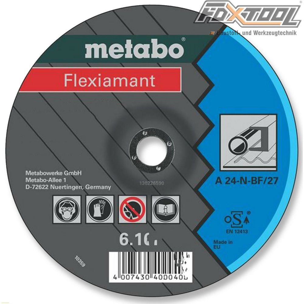 Disque de coupe Metabo Flexiamant avec symboles de sécurité et d'application.