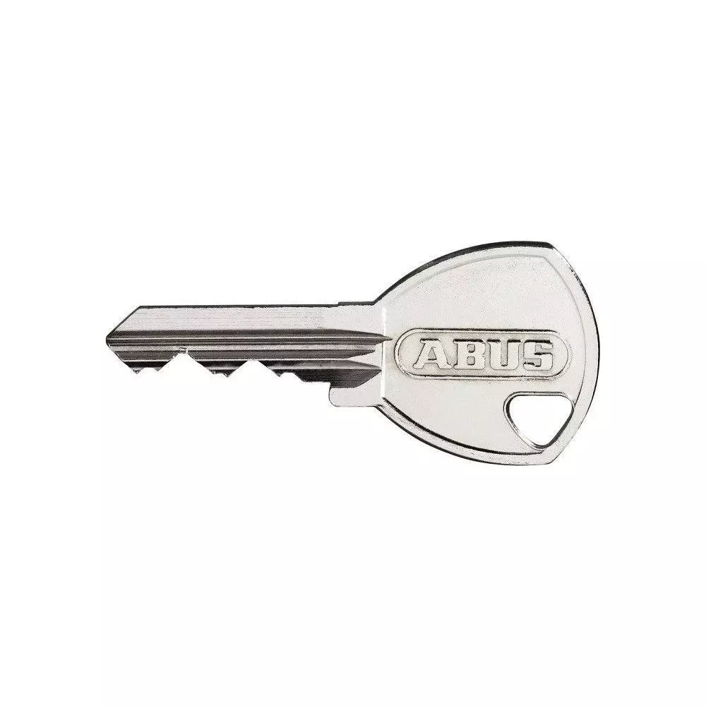 Ein silberner Schlüssel mit dem ABUS-Logo auf dem Schlüsselkopf.