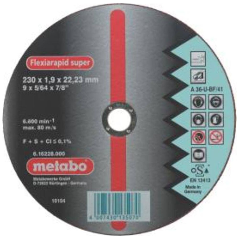 Disque de coupe avec logo Metabo, dimensions 230x1,9mm et symboles de sécurité.