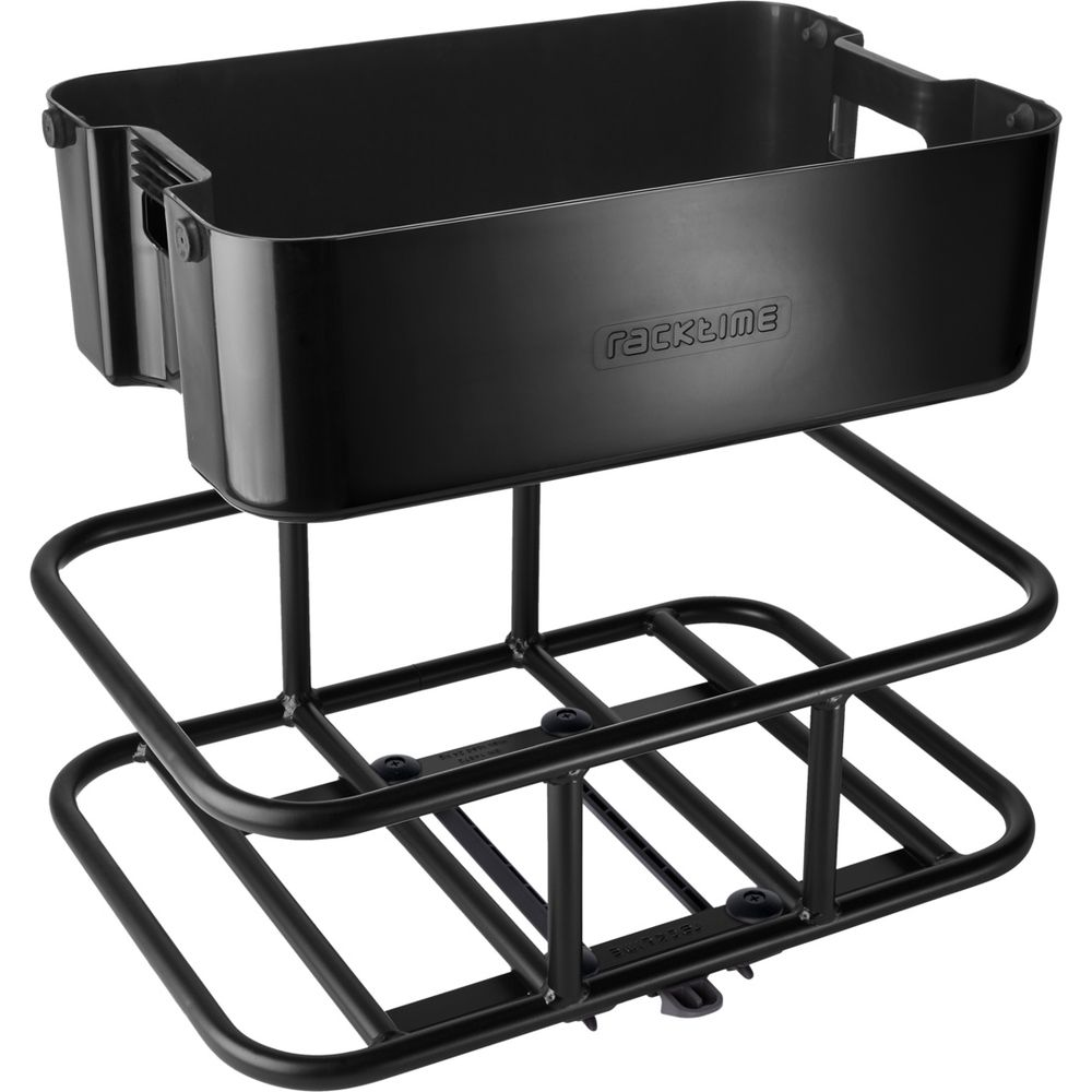Panier de vélo noir avec cadre métallique et boîte en plastique noire intégrée.