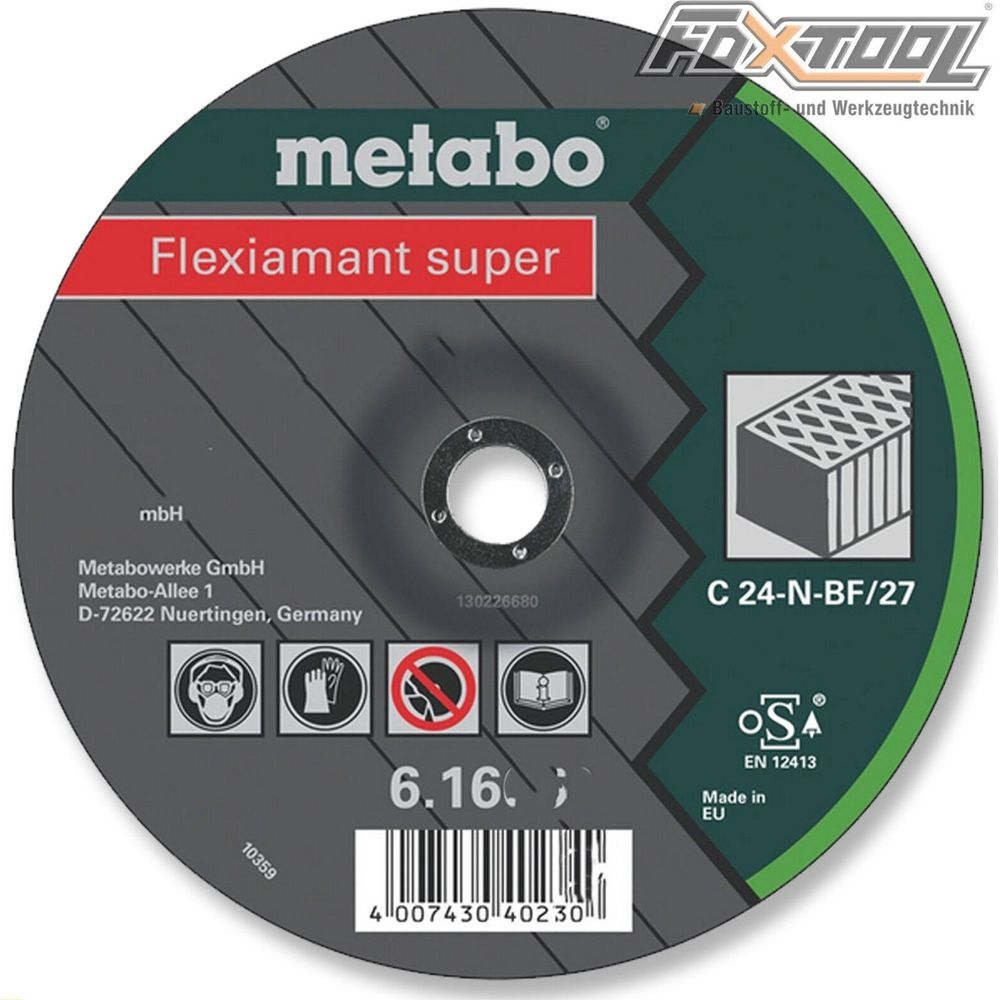 Disque de coupe Metabo Flexiamant super avec symboles de sécurité, code-barres et infos.