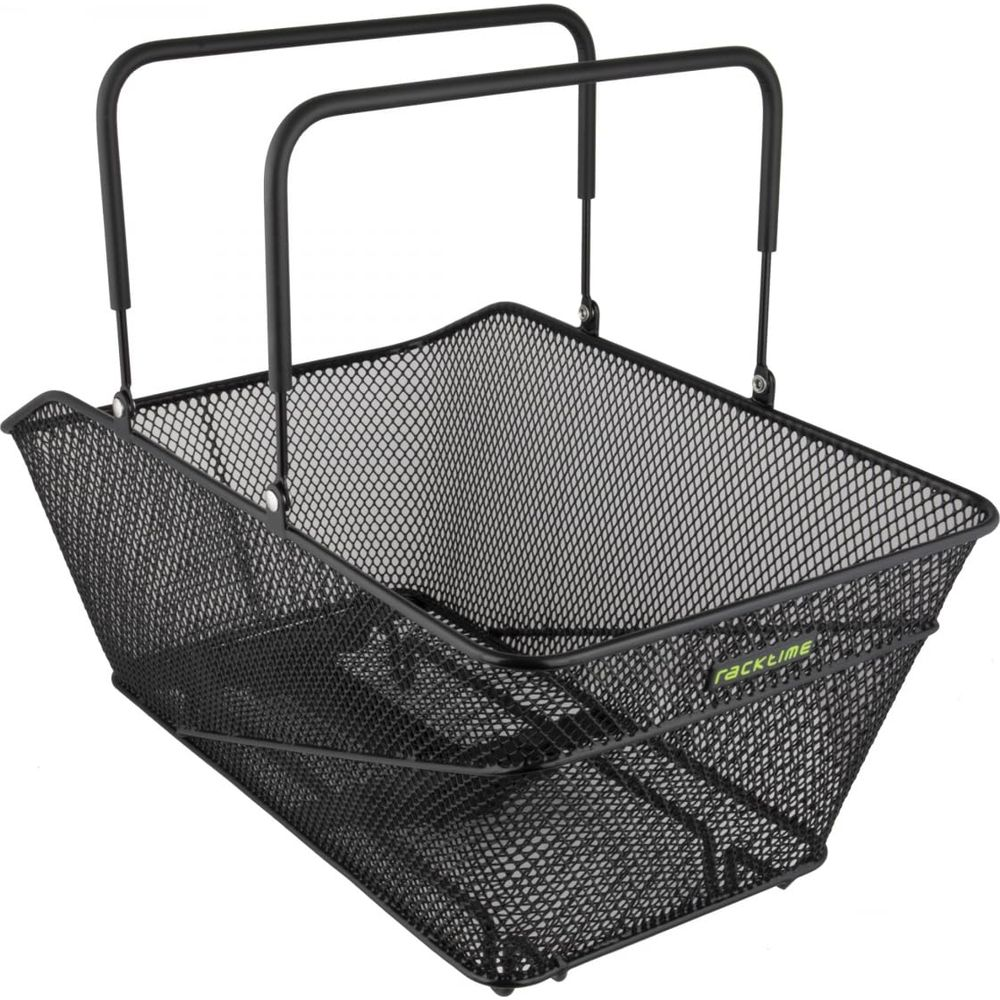 Un panier de vélo noir en treillis métallique avec deux poignées.