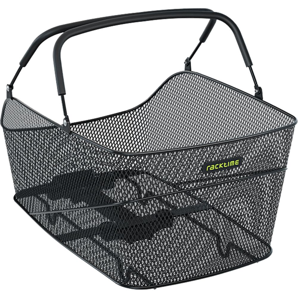 Un panier en fil de fer noir avec poignées et le logo "racktime".