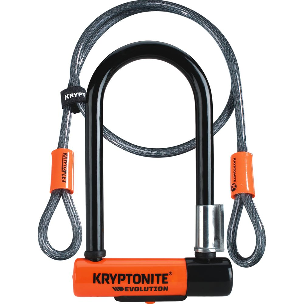 Ein orange-schwarzes Kryptonite Fahrradschloss mit einem Stahlkabel.
