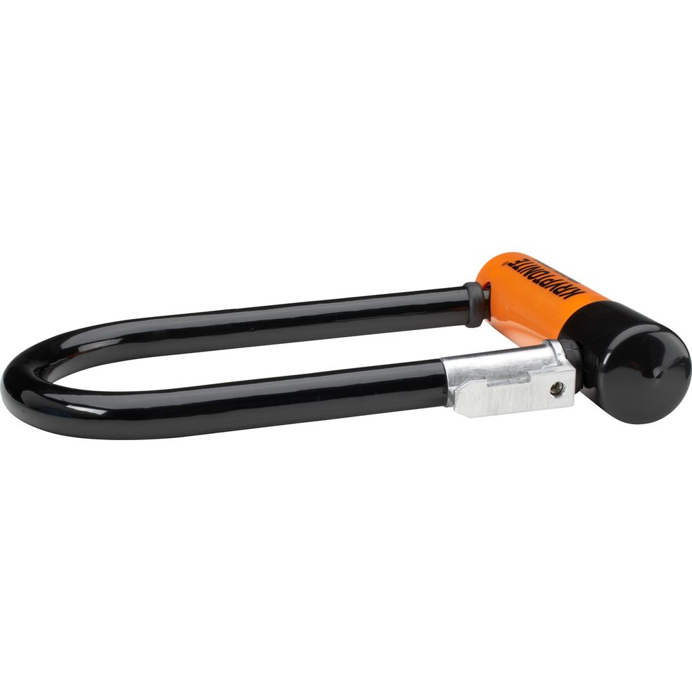Schwarzer U-Bügel mit orangefarbenem Griff und silbernem Verriegelungsmechanismus.