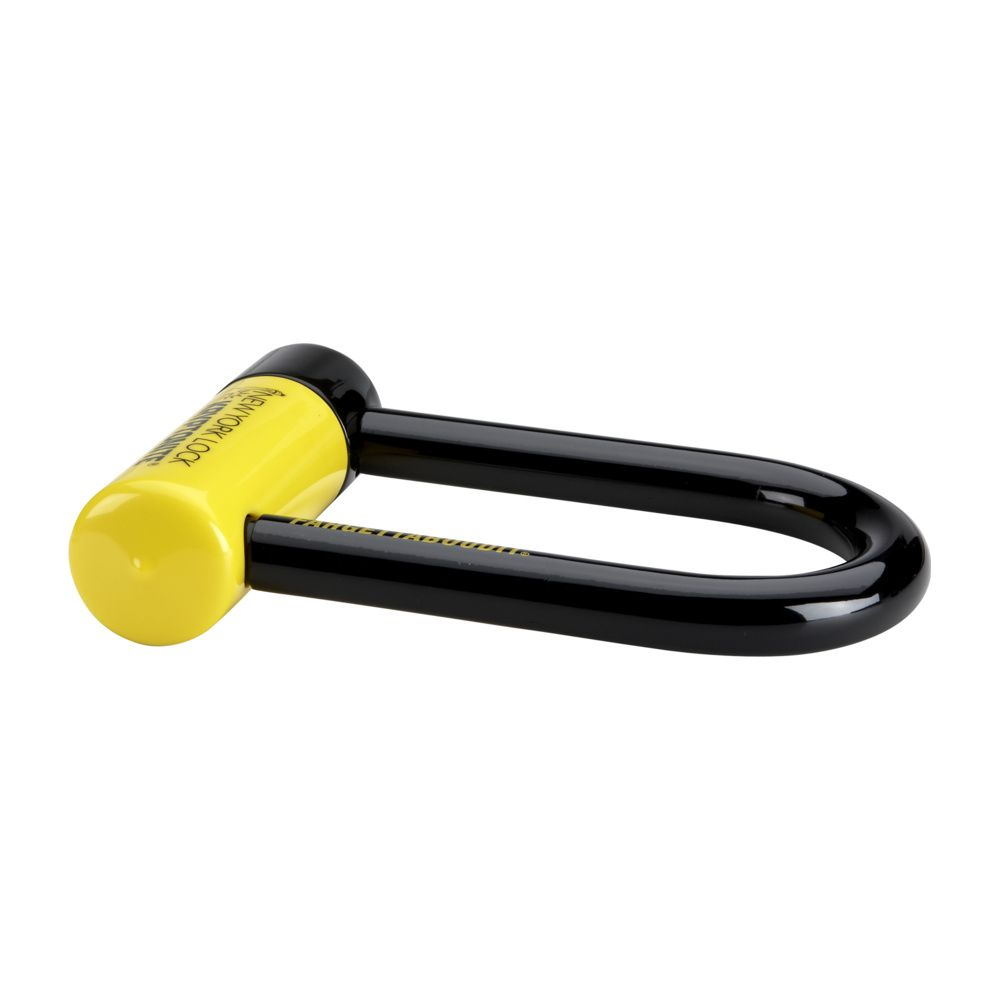 Ein gelber Bügel mit schwarzem Bügel und schwarzer Kappe.