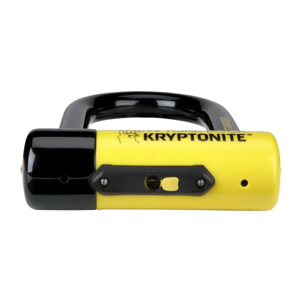 Ein gelber Kryptonite Fahrradschloss mit schwarzem Bügel und Details.