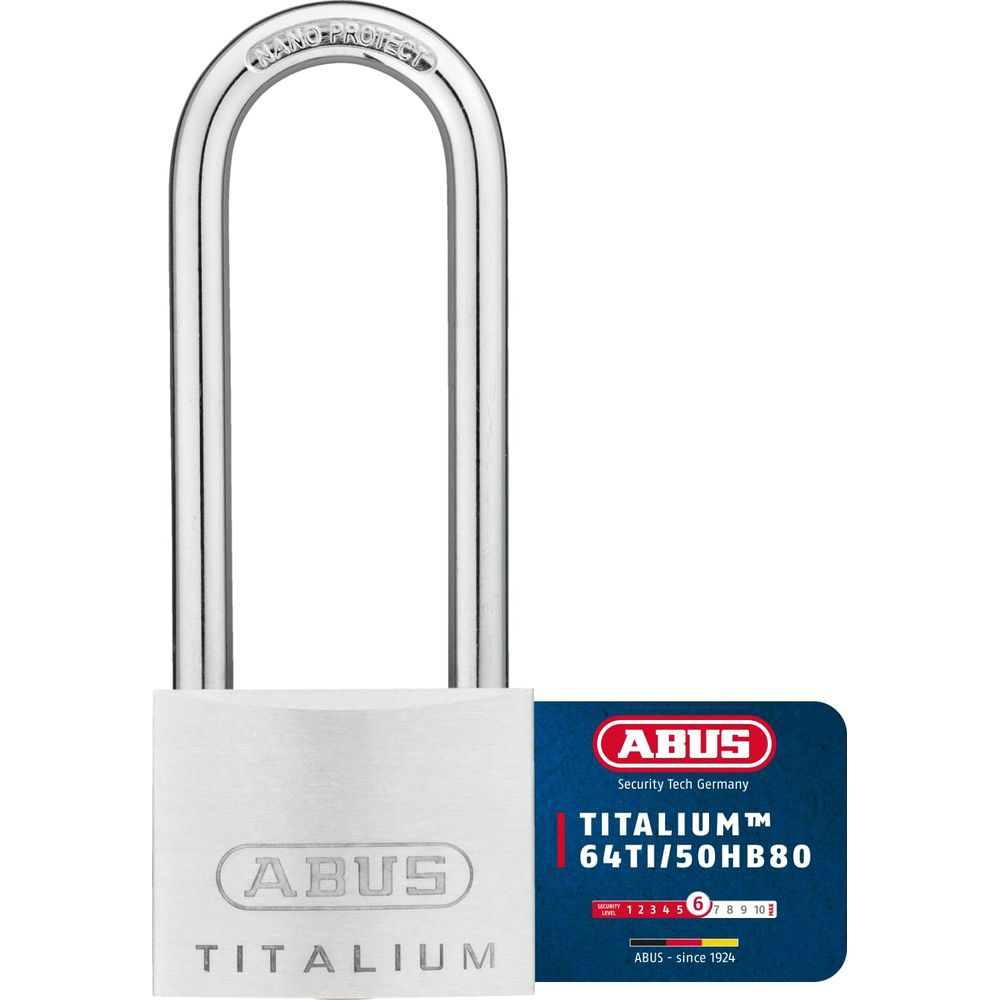 Silbernes Vorhängeschloss mit Bügel, Marke ABUS TITALIUM.
