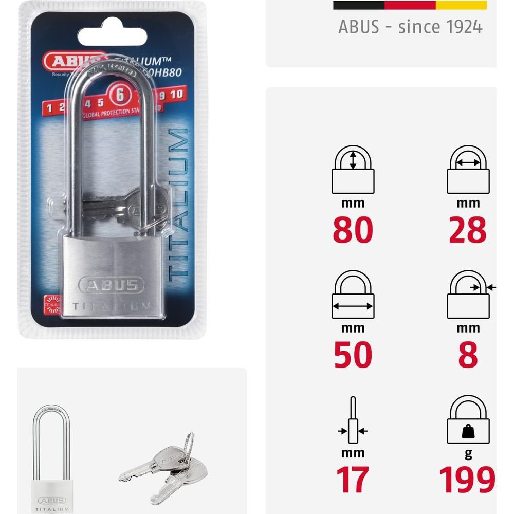 Ein silbernes Vorhängeschloss mit Schlüsseln in Verpackung und Maße.
