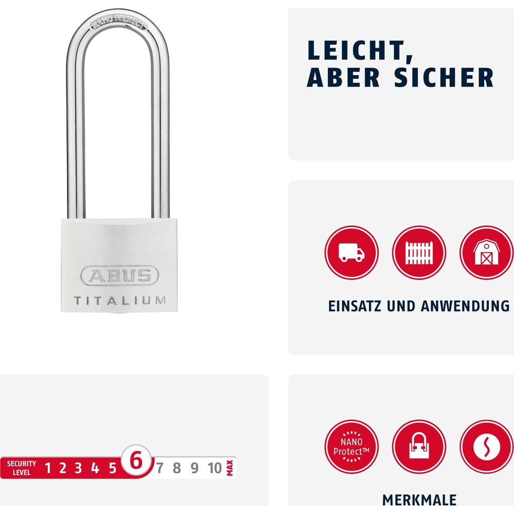 Ein silbernes ABUS TITALIUM Vorhängeschloss mit Bügel und Sicherheitsstufenanzeige.