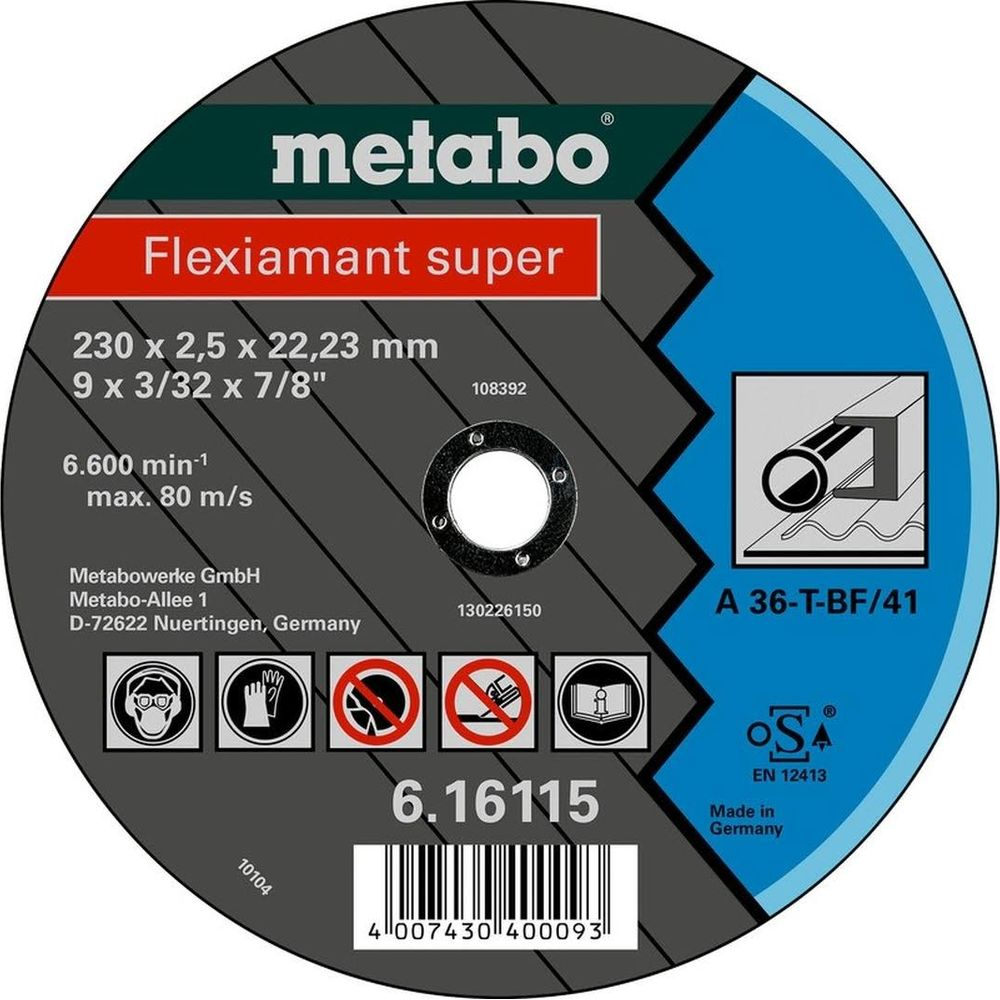 Disque Metabo Flexiamant super, 230mm. Avec symboles de sécurité et d'application.