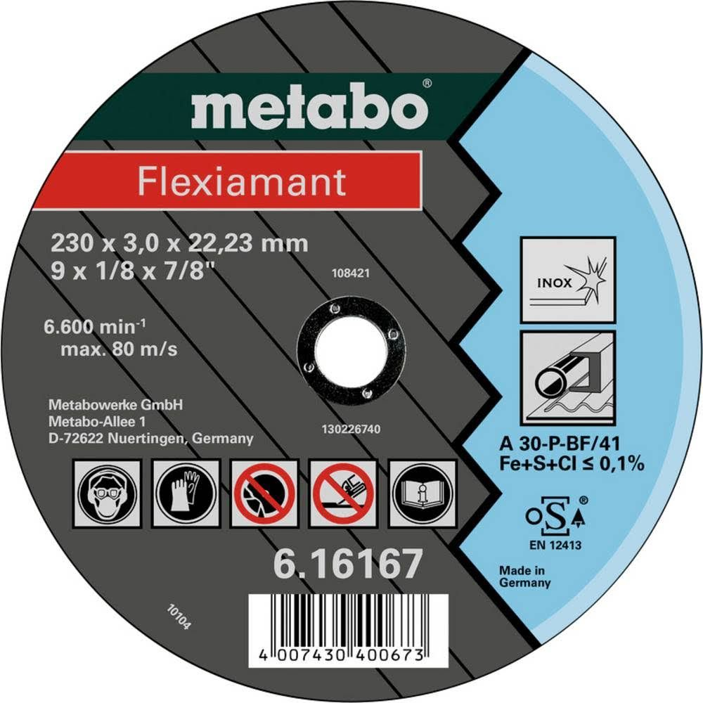Metabo Flexiamant Trennscheibe mit Spezifikationen und Sicherheitsinformationen.