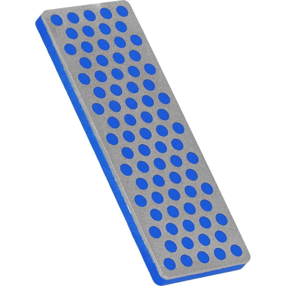 Pierre à aiguiser grise avec points bleus et bordure bleue, fond blanc.