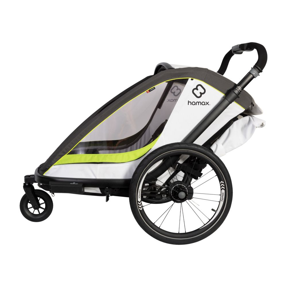 Ein weißer Hamax-Kinderwagen mit grauen Akzenten und einem großen Rad.