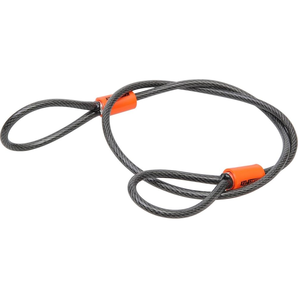 Ein graues, geflochtenes Stahlkabel mit zwei orangefarbenen Endkappen.