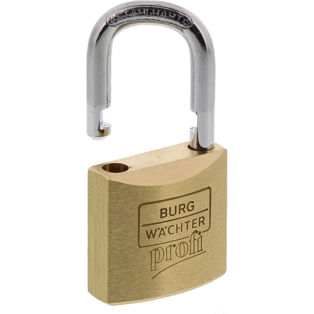 Ein Messingvorhängeschloss mit offenem silbernem Bügel. Text lautet 'BURG WACHTER profi'.