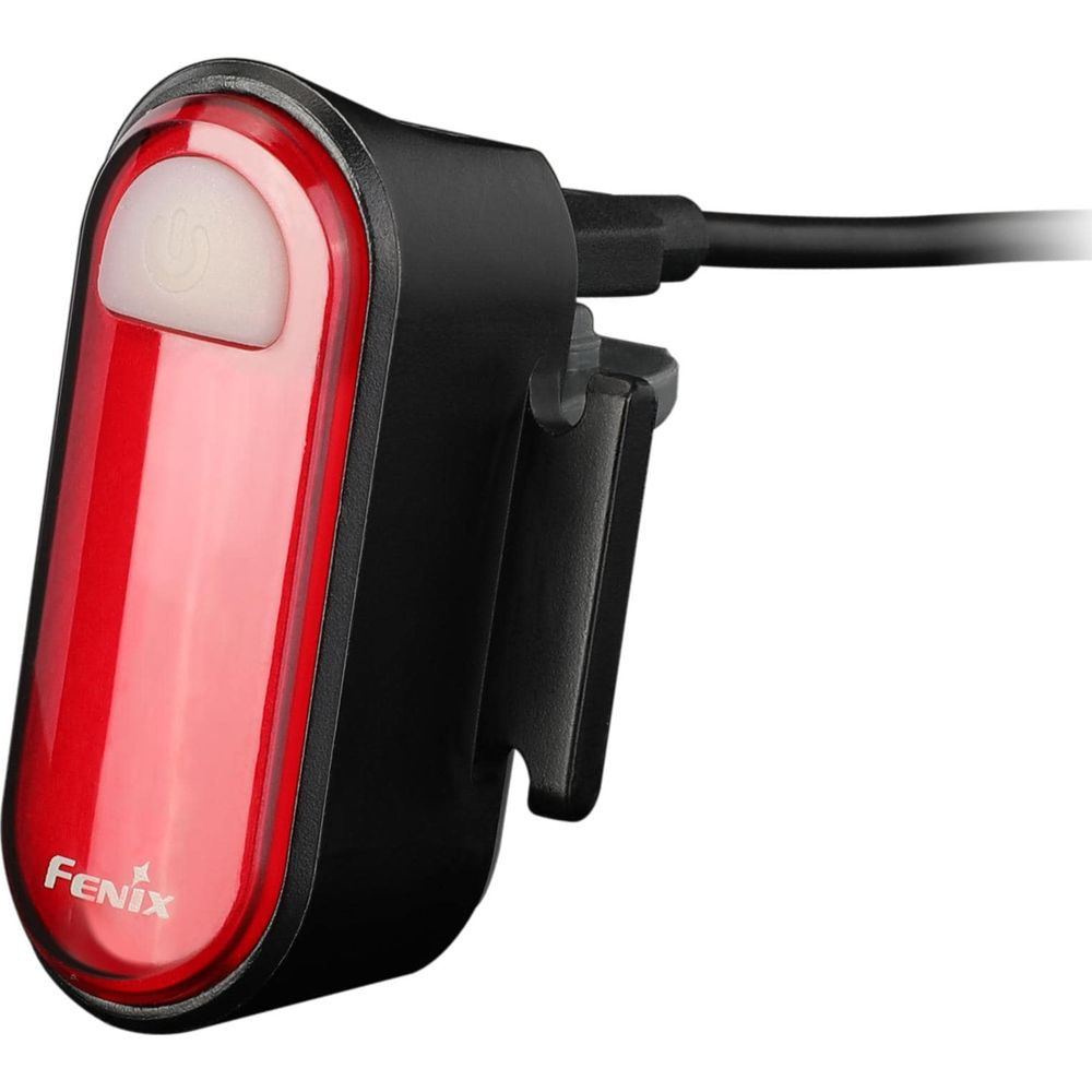 Rotes Fahrradrücklicht mit schwarzem Gehäuse und Ladekabel.