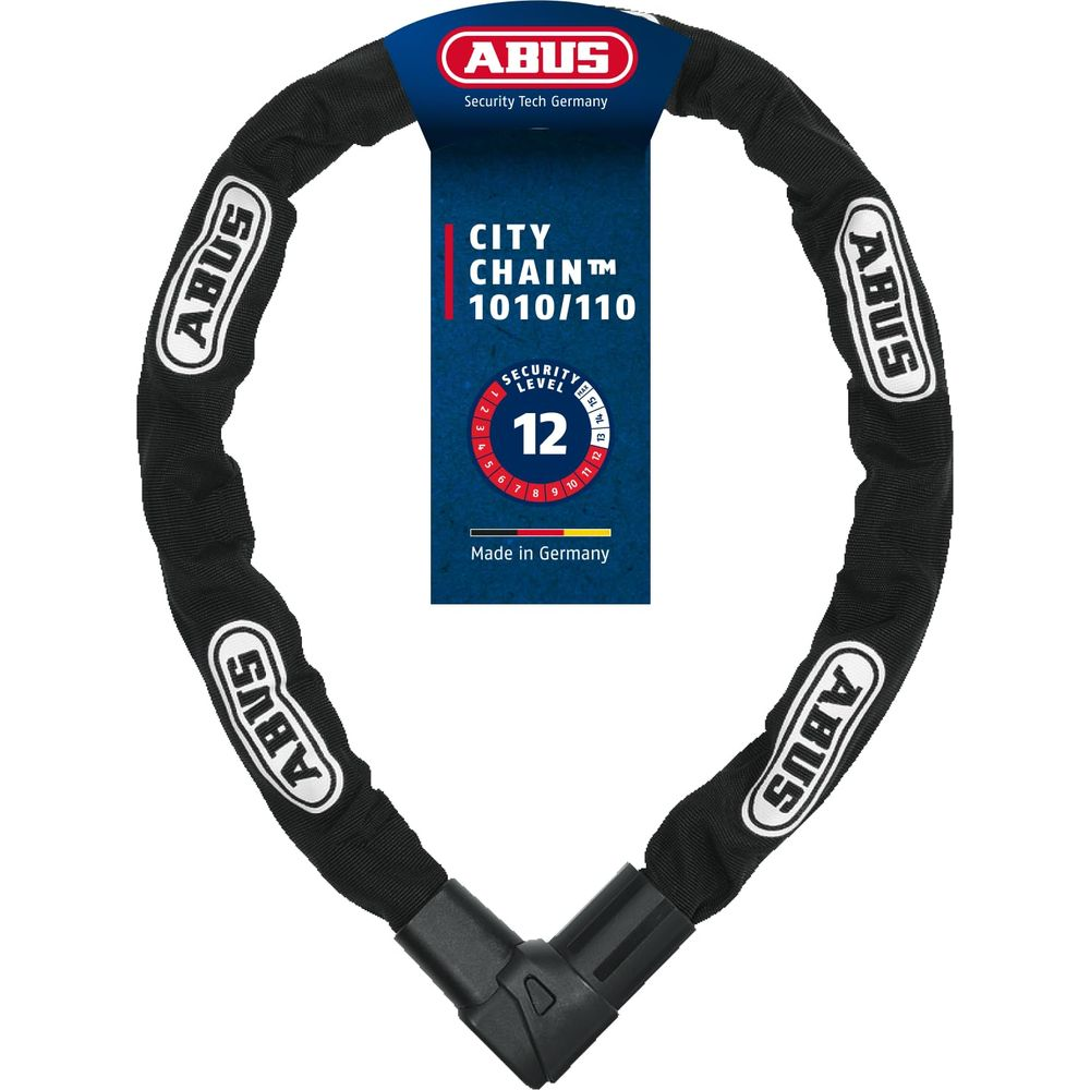 Schwarze ABUS Kette mit Sicherheitsstufe 12, Made in Germany.