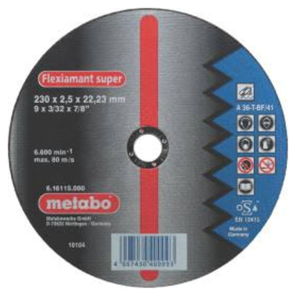 Disque abrasif avec marquages rouge et bleu, logo Metabo et symboles de sécurité.