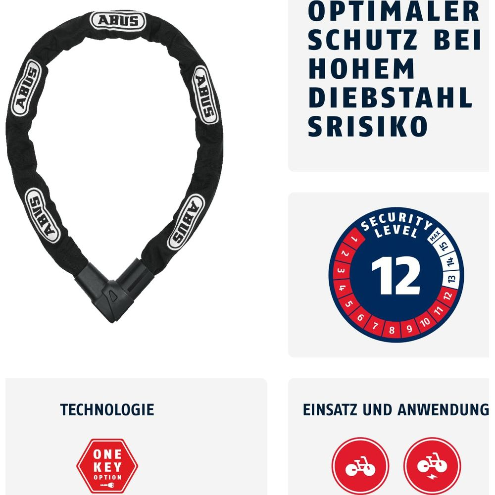 Schwarze Fahrradkette mit dem ABUS-Logo und Sicherheitsstufe 12.