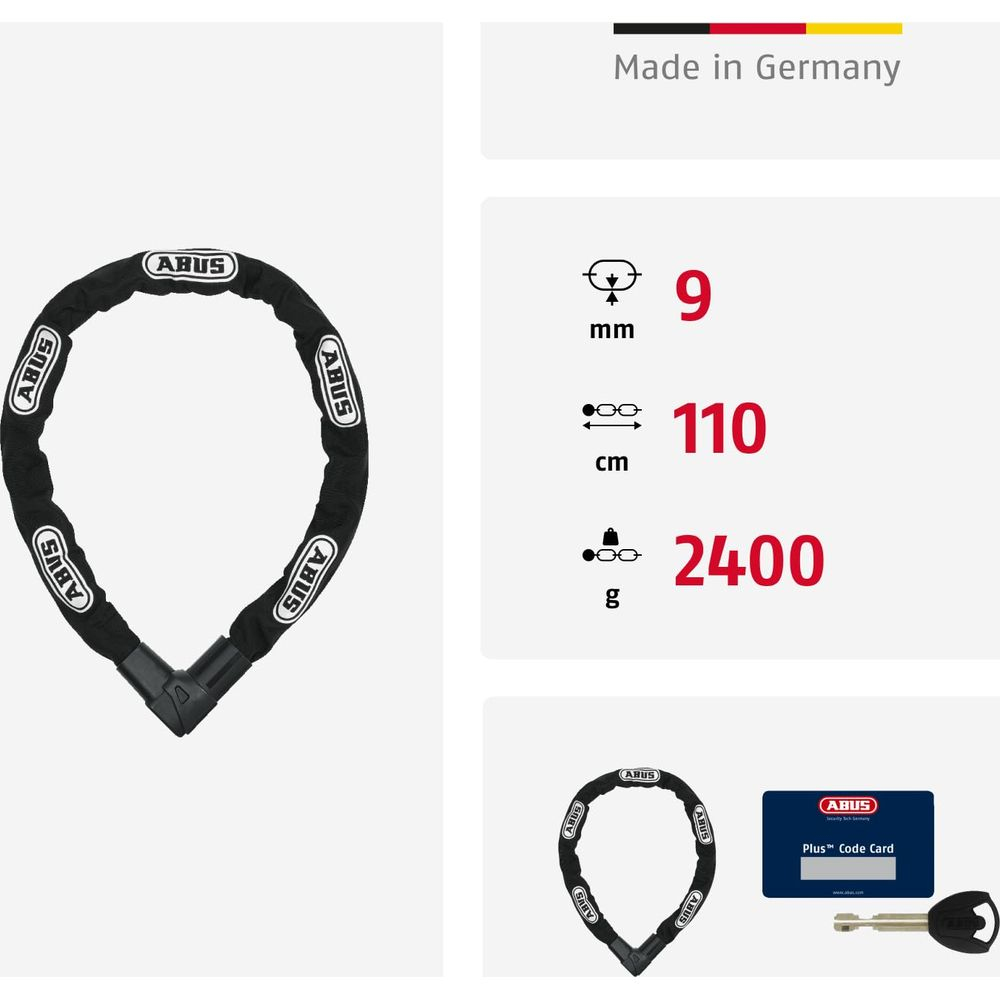 Schwarze Kette mit 9mm Stärke, 110cm Länge, 2400g Gewicht. Inkl. Codekarte & Schlüssel.
