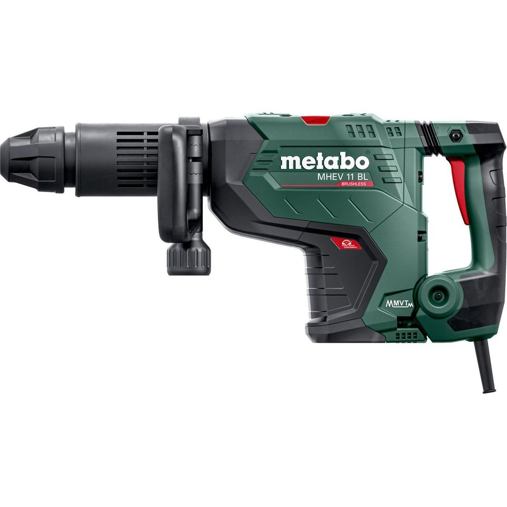 Grüner Metabo Bohrhammer mit schwarzem Griff und roter Akzentuierung.