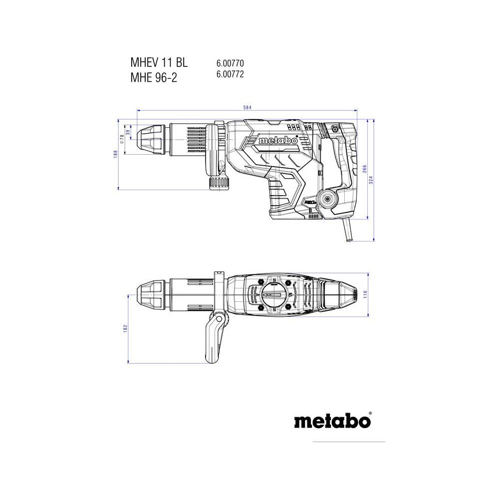 Technische Zeichnung eines Bohrhammers von Metabo, Draufsicht und Seitenansicht.