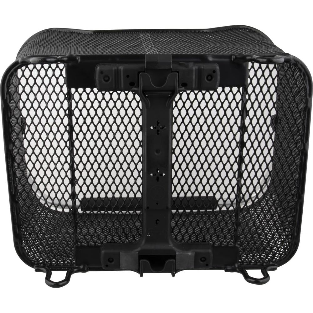 Panier en maille noire avec dessus en tissu et support de montage. Fond blanc.
