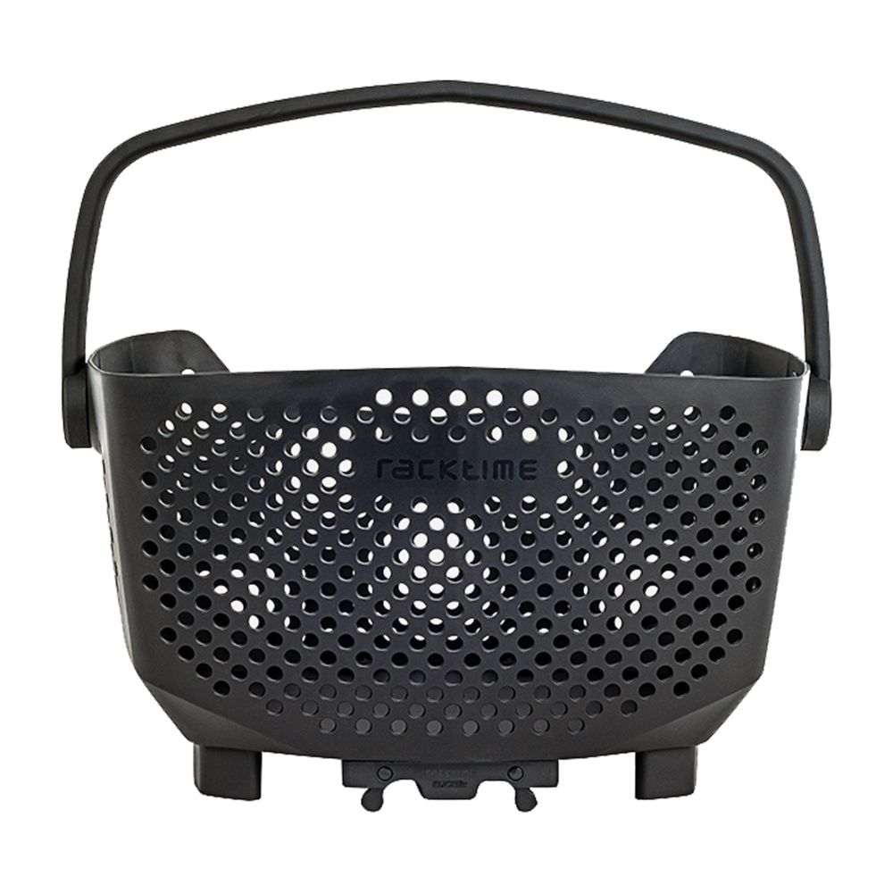 Panier de vélo noir avec poignée et motif perforé.